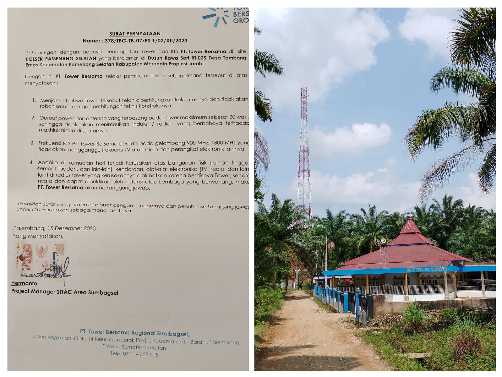 Warga Desak Pihak Tower Bersama Regional Sumbagsel,Angkat Kaki Dari Rawasari